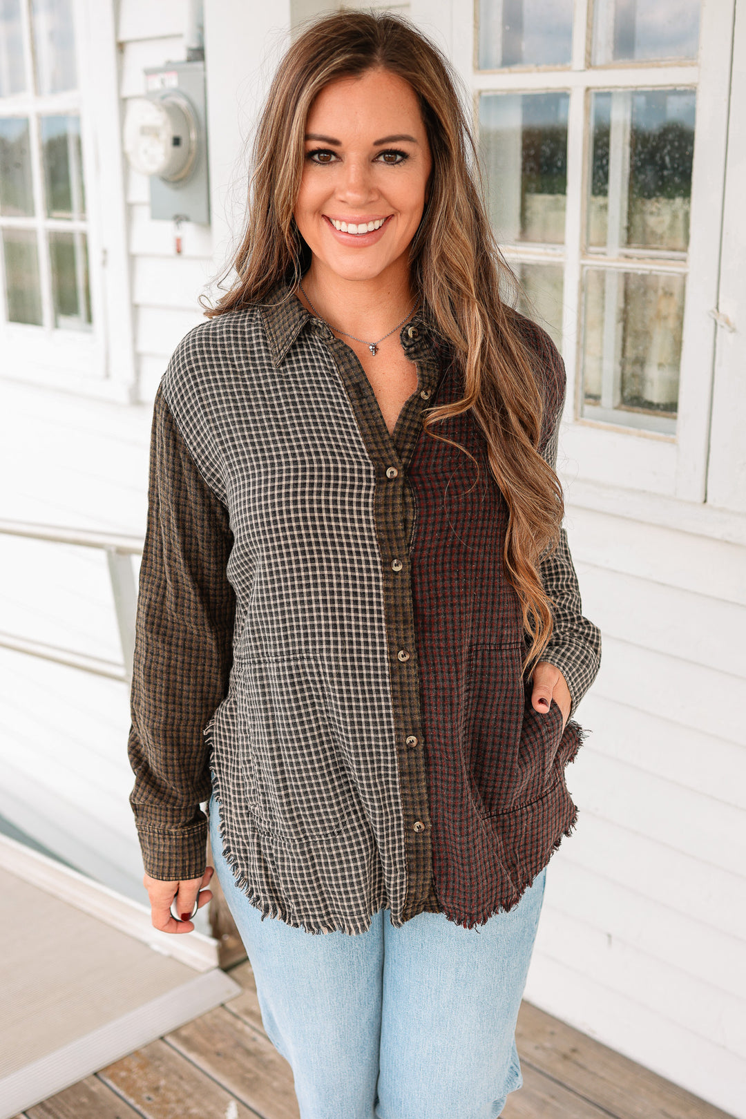 Macey Mixed Checkered Button Down Shirt