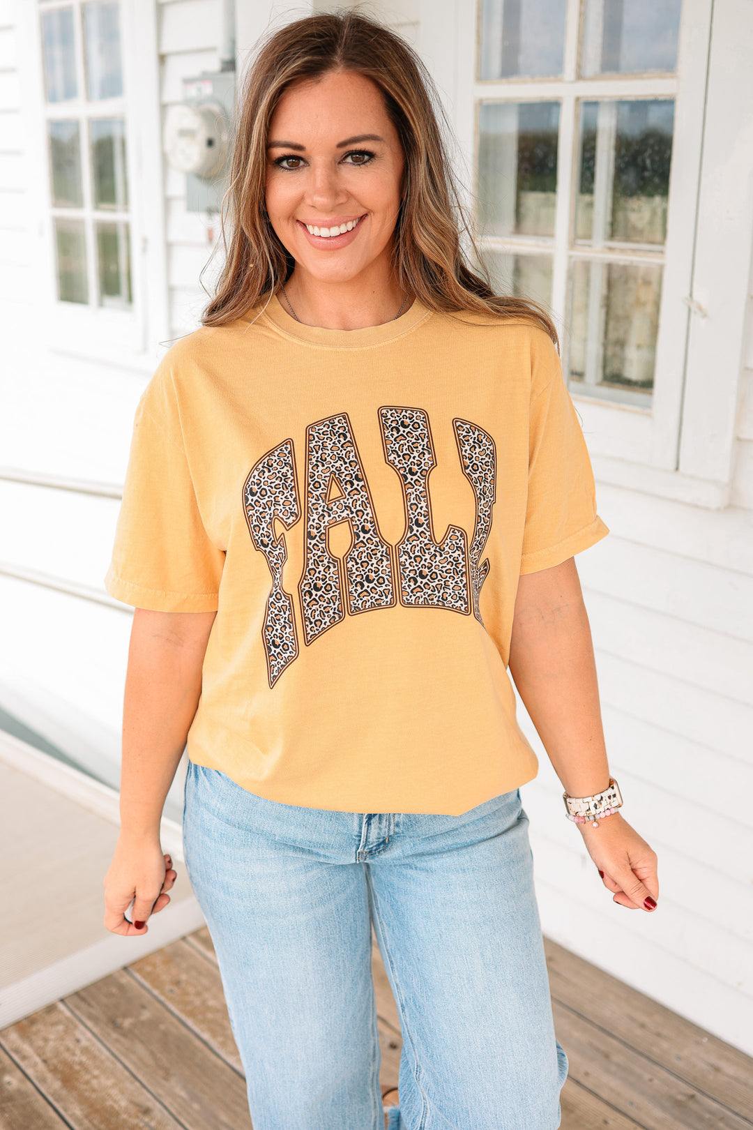 Leopard Fall Graphic Tee - Mustard