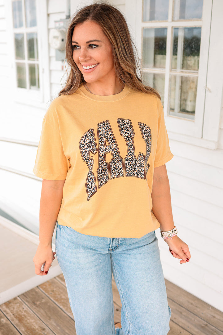 Leopard Fall Graphic Tee - Mustard