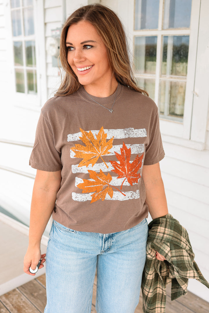 Striped Leaves Graphic Tee - Espresso