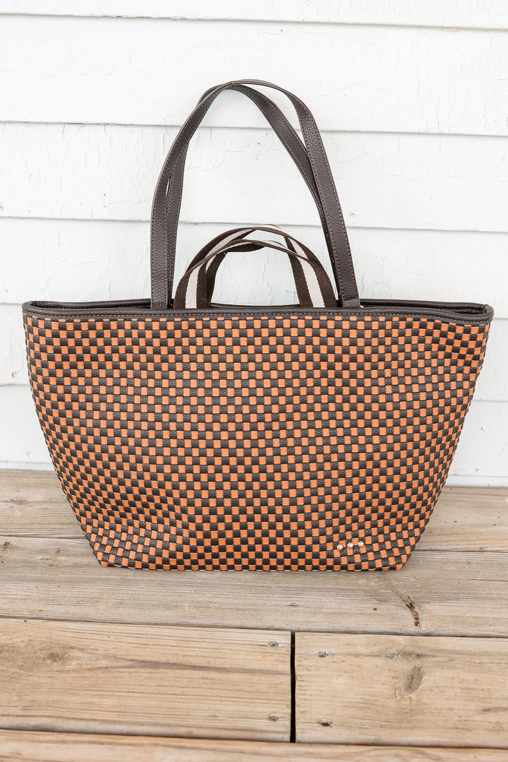 Woven Tiffany Organizer Tote Bag - Checkered Coffee