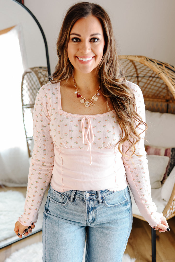 Ditsy Squared Neckline Top - Pink