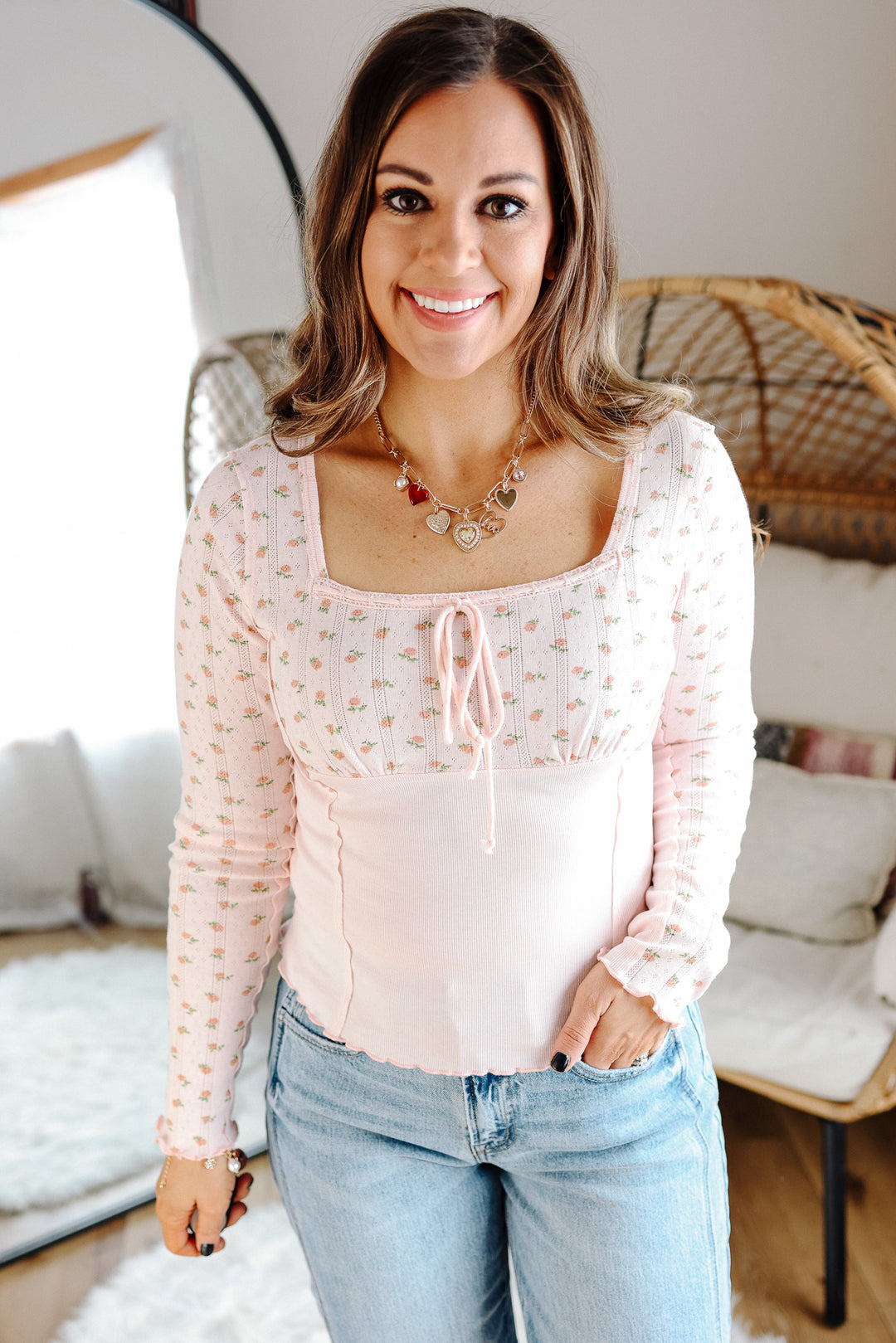 Ditsy Squared Neckline Top - Pink
