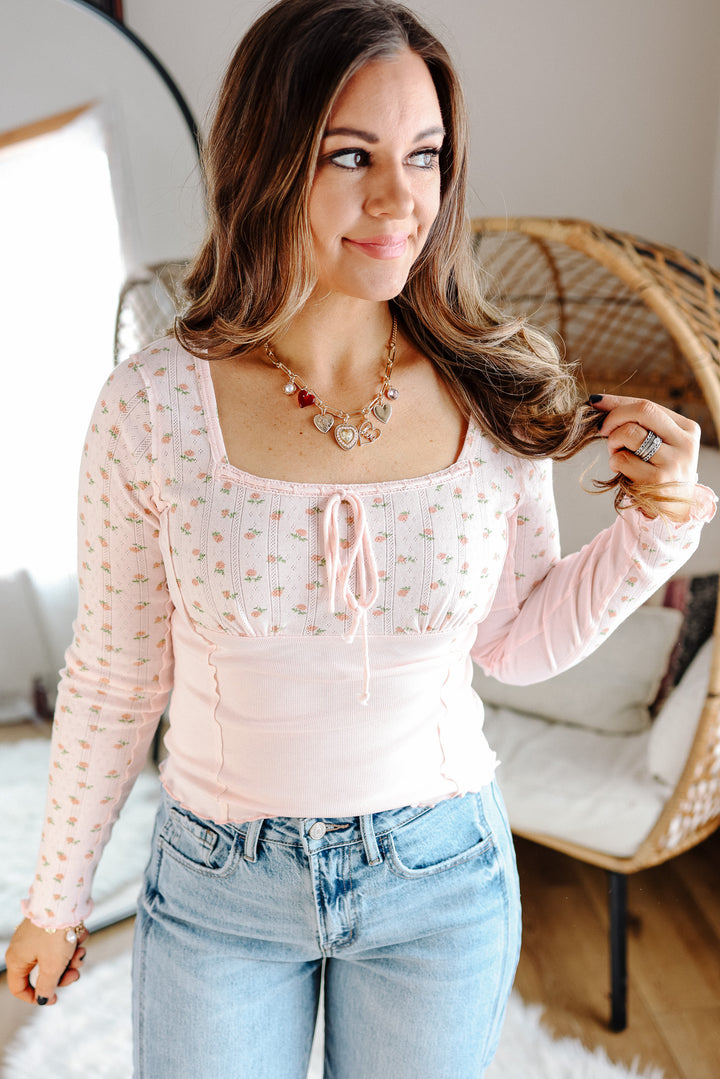 Ditsy Squared Neckline Top - Pink