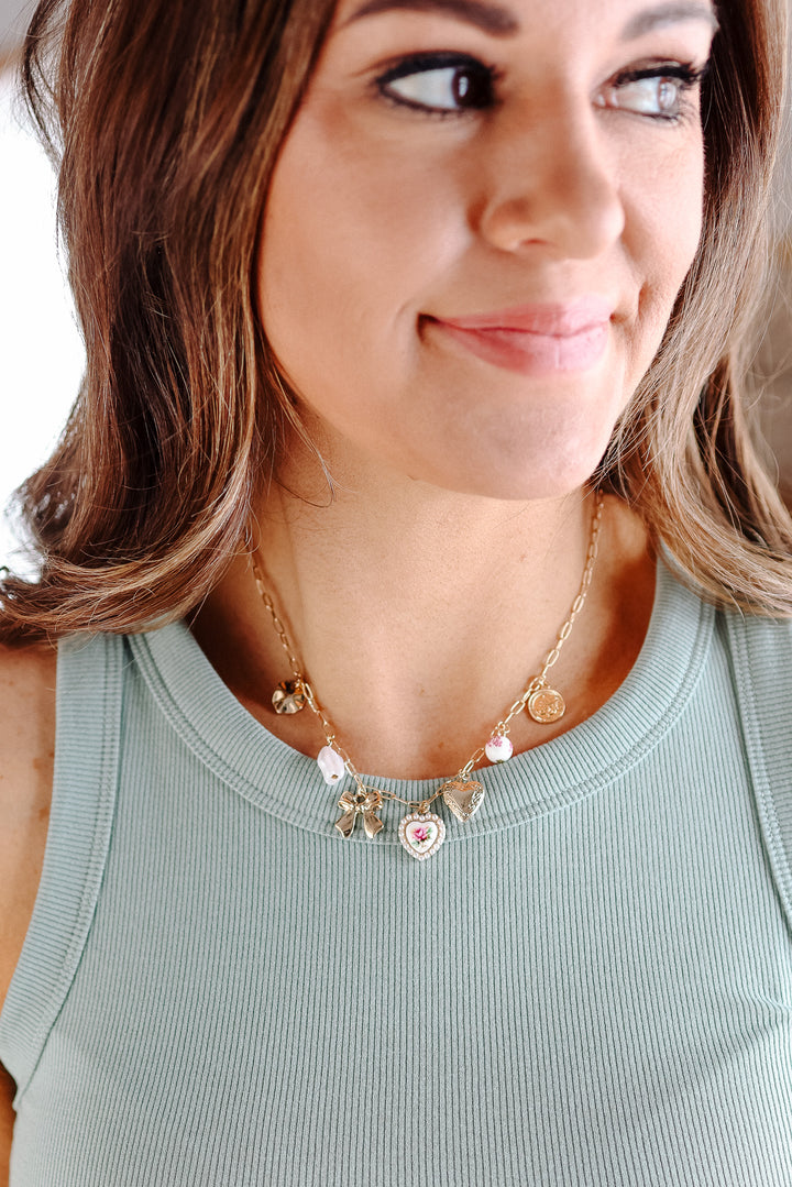 Ceramic Porcelain Bow Heart Charm Link Necklace