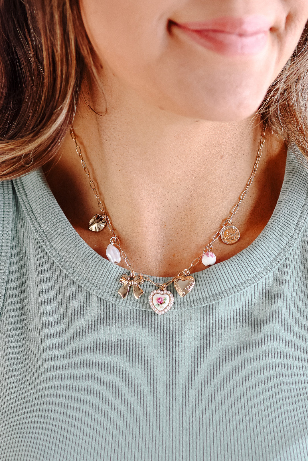 Ceramic Porcelain Bow Heart Charm Link Necklace