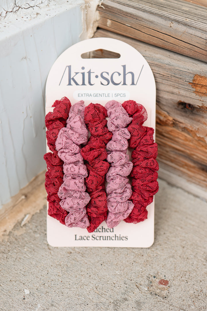 Ruched Lace Scrunchies 5pc Set - Cherry Lacquer & Dusty Pink