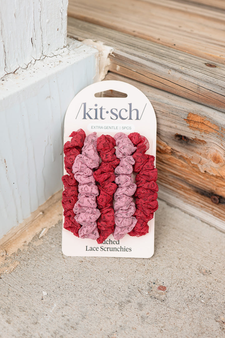 Ruched Lace Scrunchies 5pc Set - Cherry Lacquer & Dusty Pink