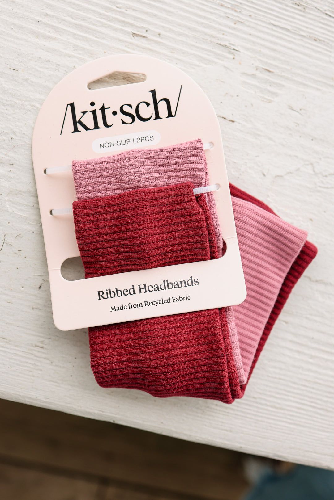 Recycled Fabric Ribbed Elastic Headbands 2pc Set - Cherry Lacquer & Dusty Pink