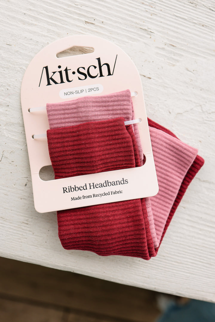 Recycled Fabric Ribbed Elastic Headbands 2pc Set - Cherry Lacquer & Dusty Pink