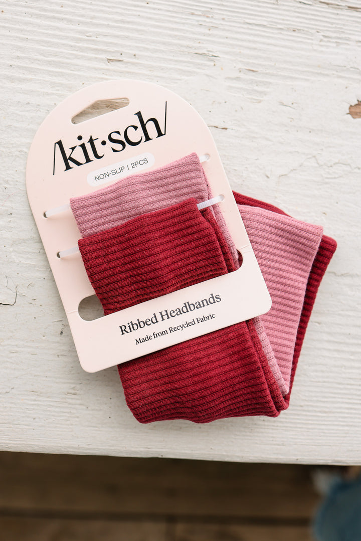 Recycled Fabric Ribbed Elastic Headbands 2pc Set - Cherry Lacquer & Dusty Pink