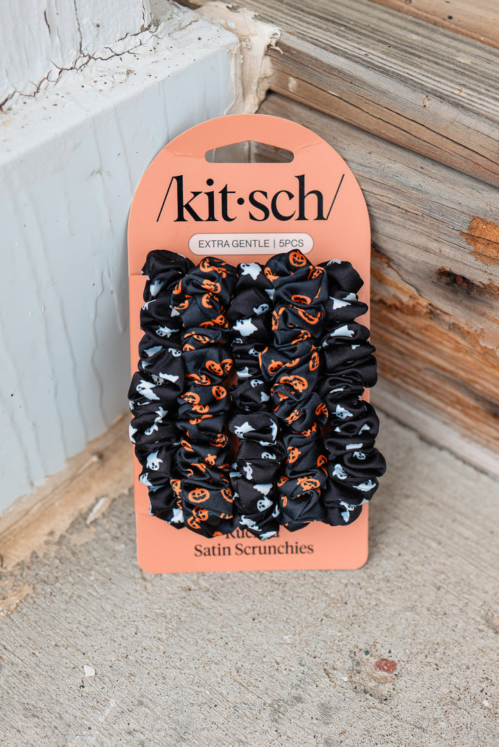 Ruched Satin Scrunchies 5pc Set - Ghosts & Pumpkins