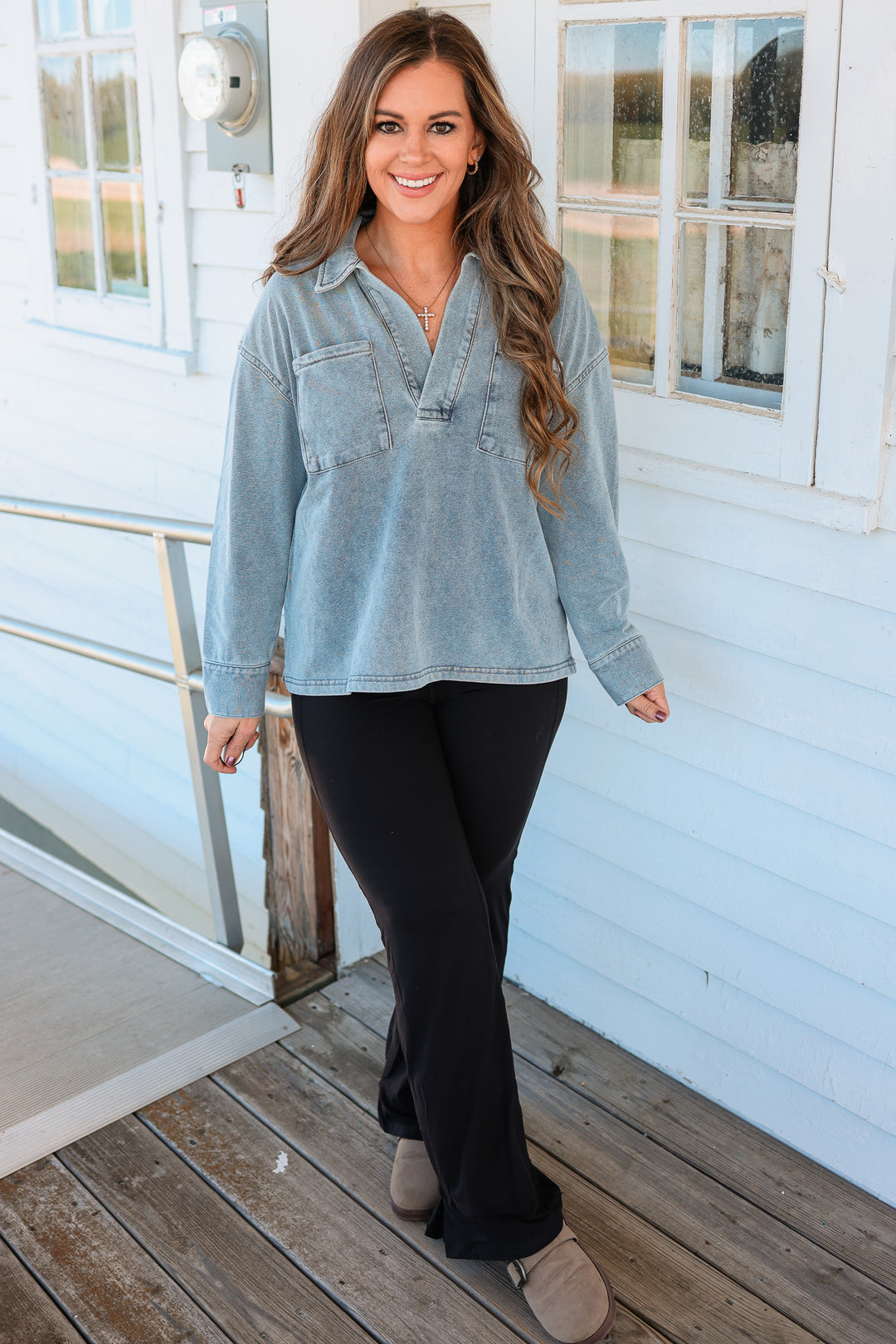 Marina Collared V-Neck Top - Light Denim
