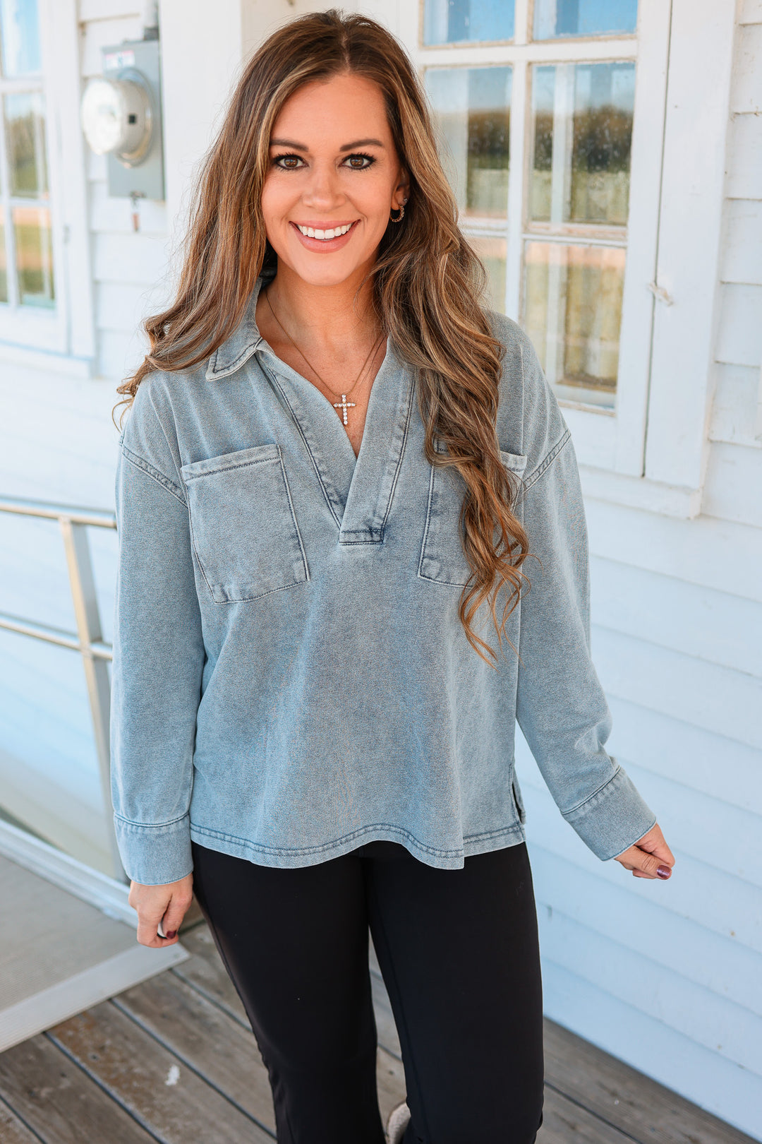 Marina Collared V-Neck Top - Light Denim