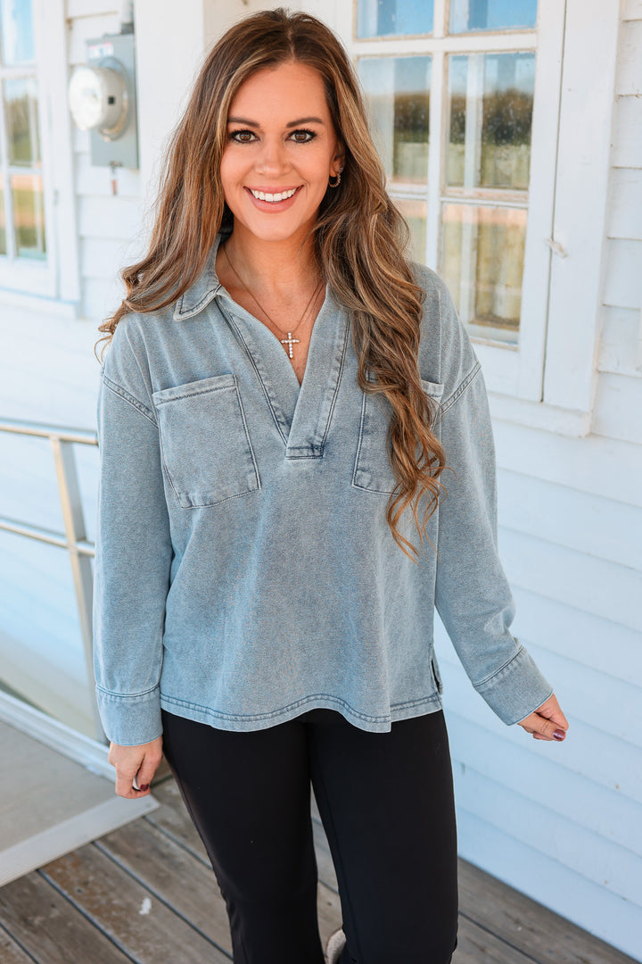 Marina Collared V-Neck Top - Light Denim