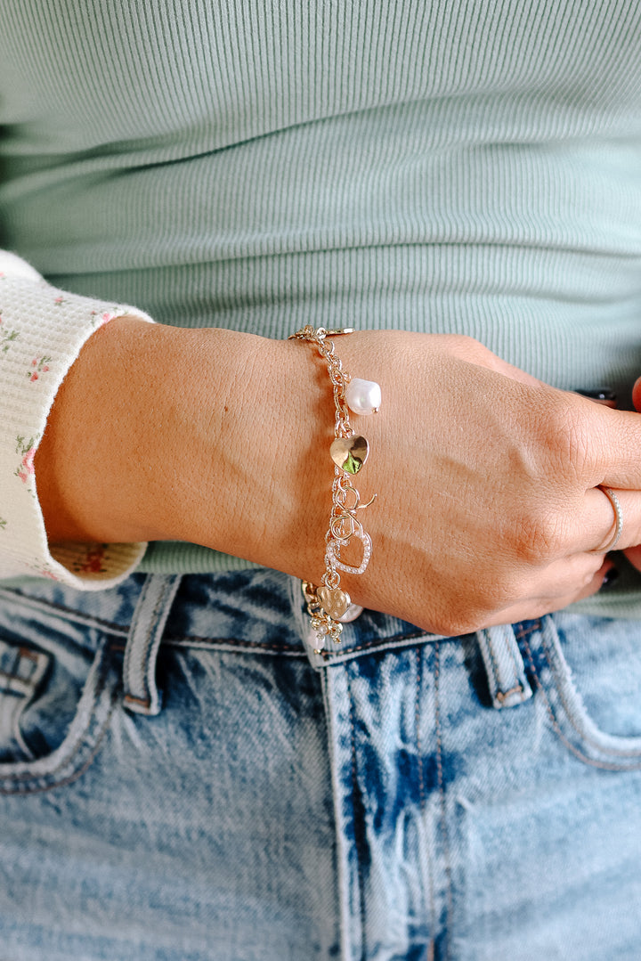 Bow Heart Pearl Disc Charm Bracelet
