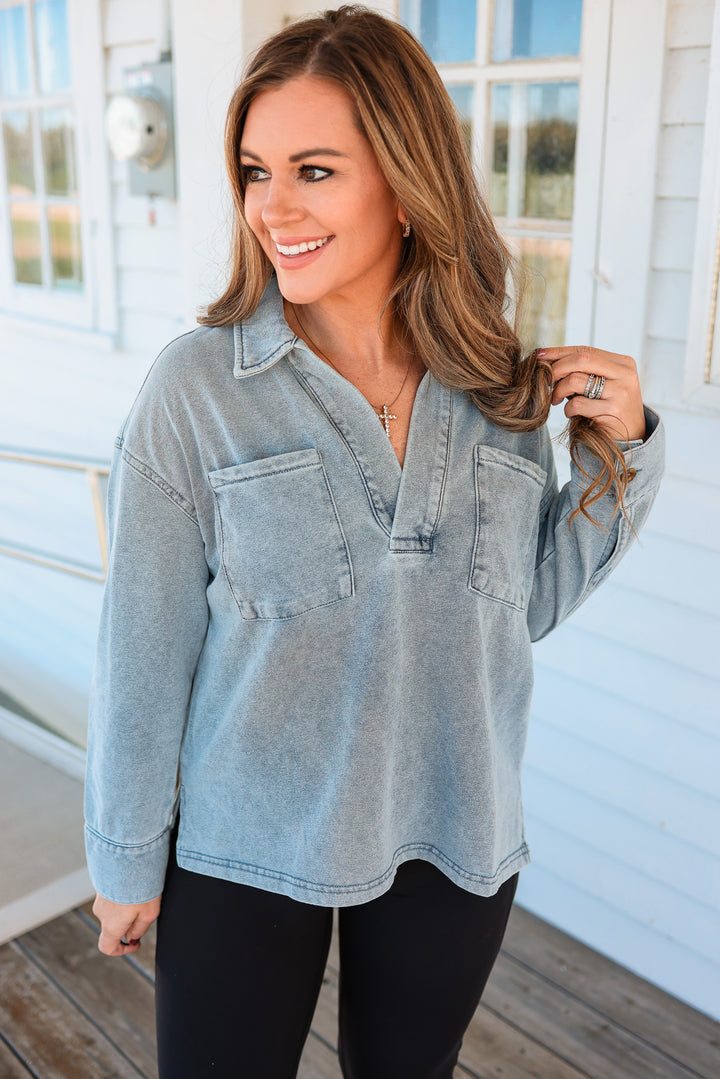 Marina Collared V-Neck Top - Light Denim