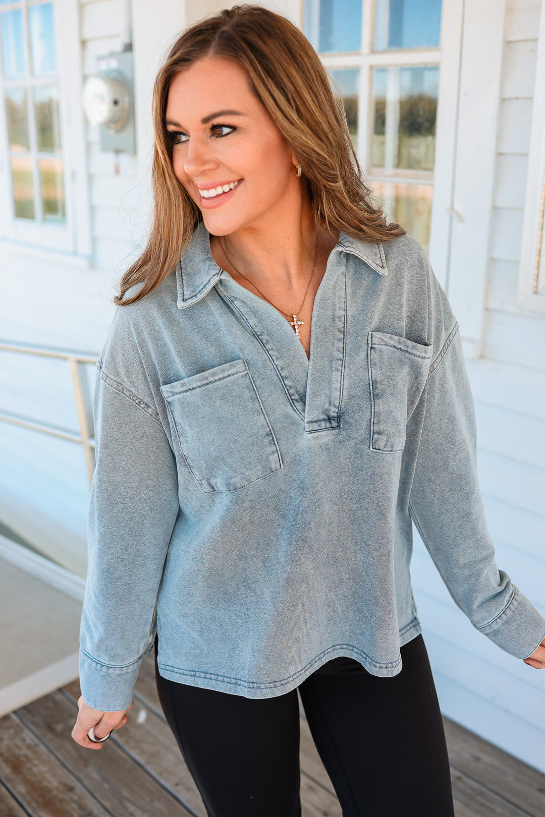 Marina Collared V-Neck Top - Light Denim