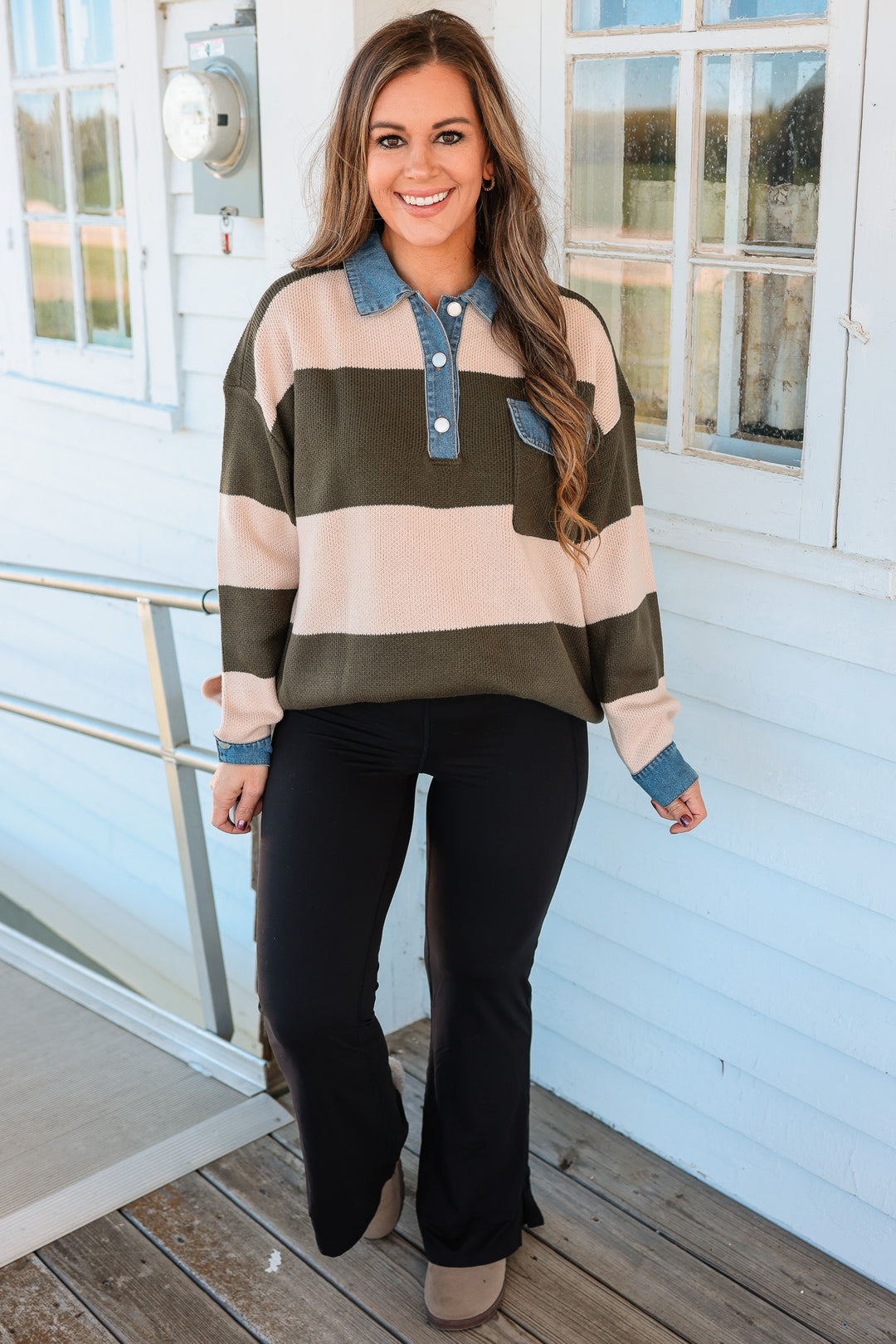 Chels Striped Denim Collar Sweater - Olive/Tan