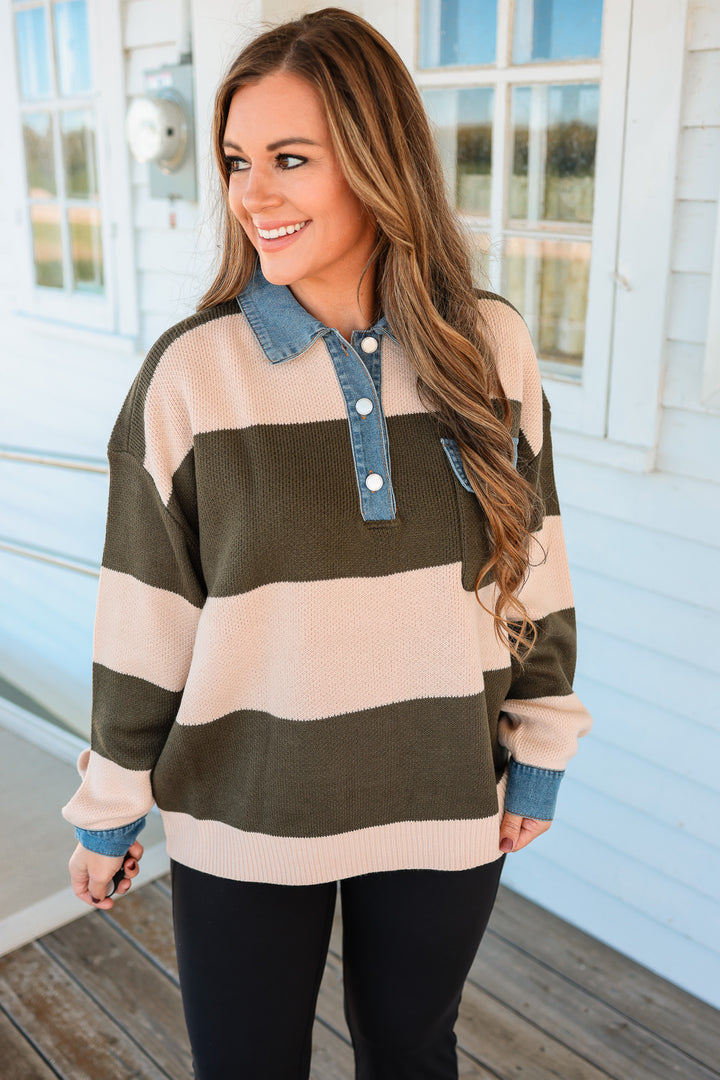 Chels Striped Denim Collar Sweater - Olive/Tan