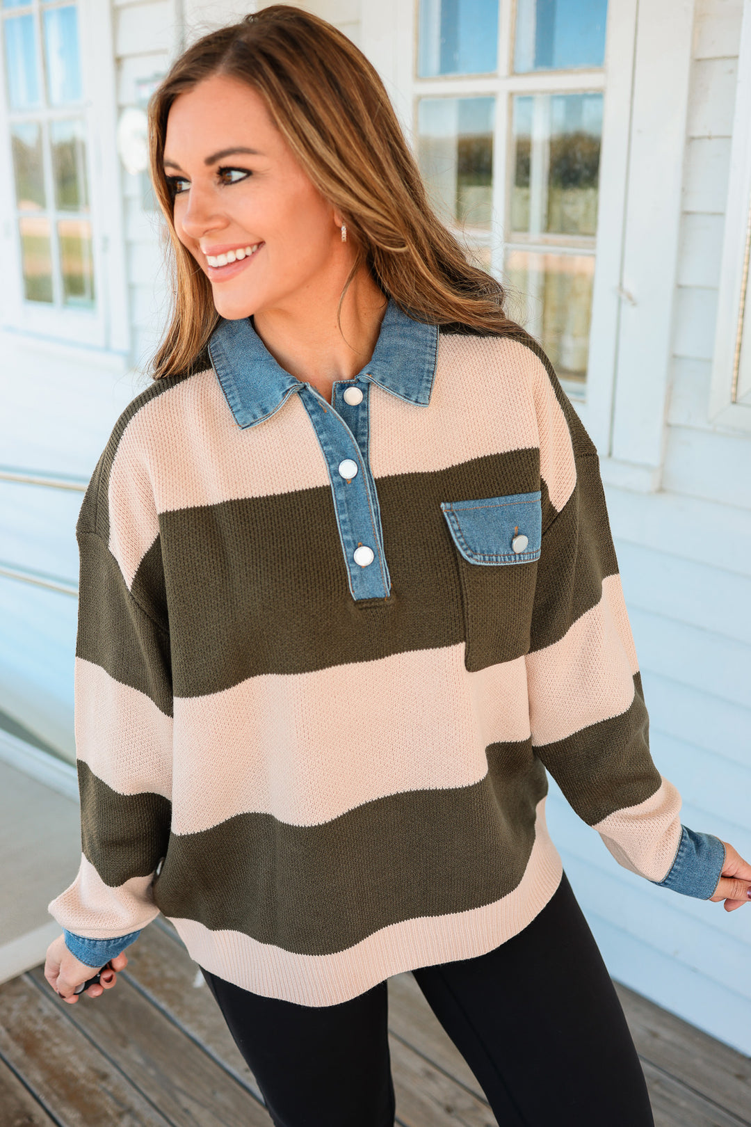 Chels Striped Denim Collar Sweater - Olive/Tan