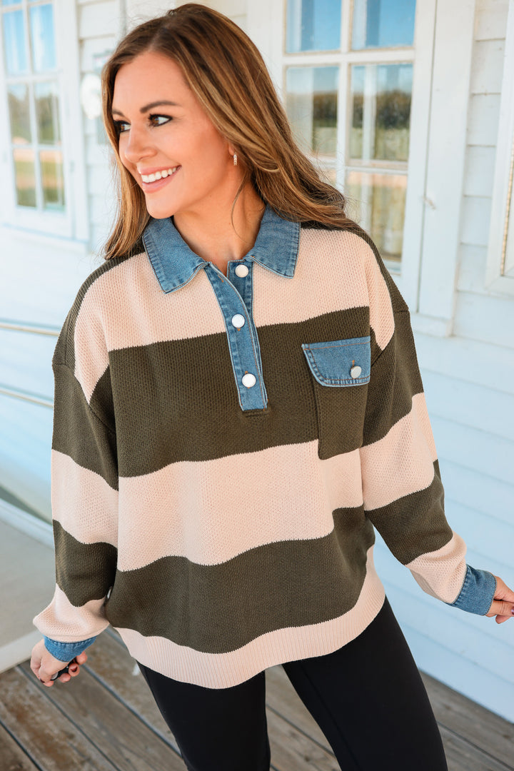 Chels Striped Denim Collar Sweater - Olive/Tan