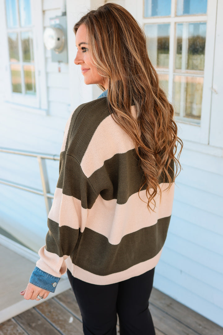 Chels Striped Denim Collar Sweater - Olive/Tan