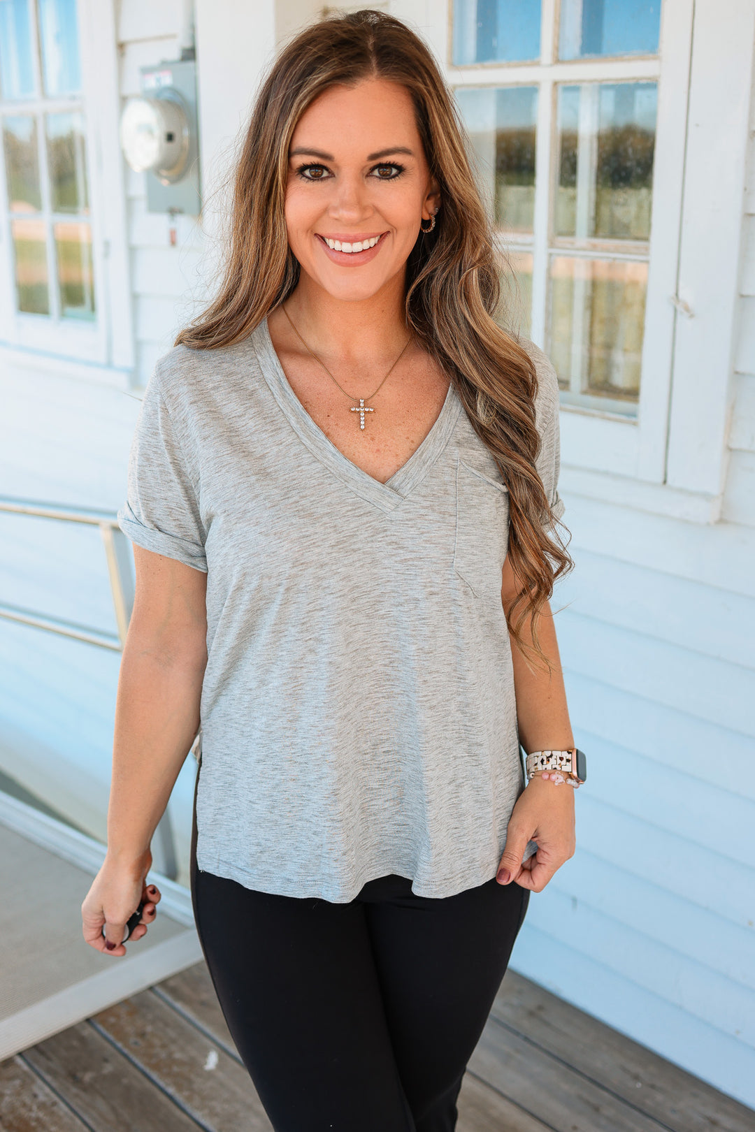 Zoie V-Neck Short Sleeve Top - Heather Gray