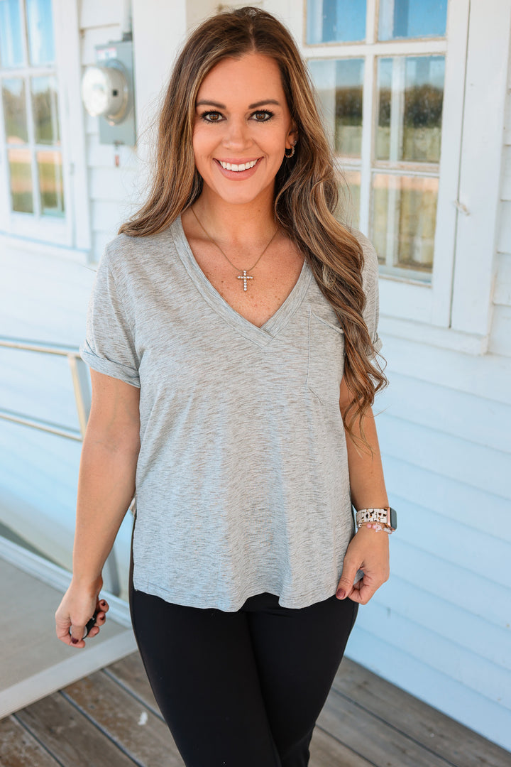 Zoie V-Neck Short Sleeve Top - Heather Gray