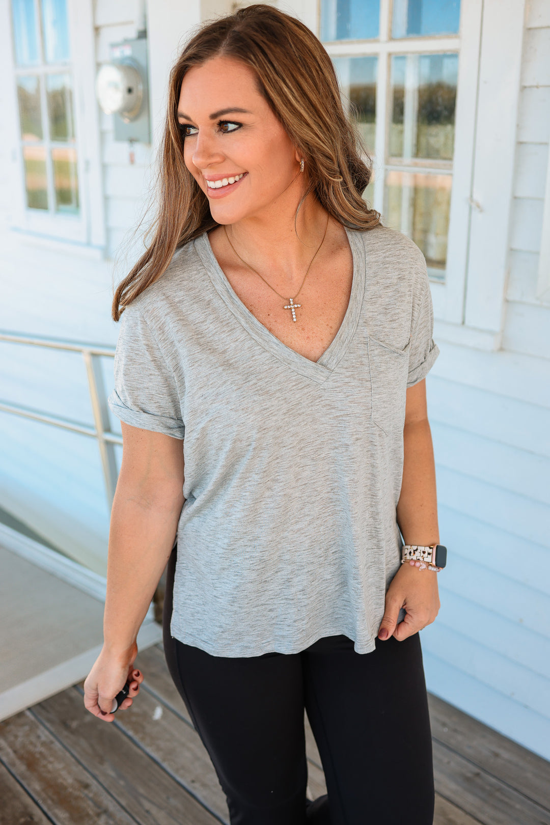 Zoie V-Neck Short Sleeve Top - Heather Gray