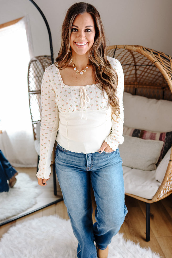 Ditsy Squared Neckline Top - Ecru