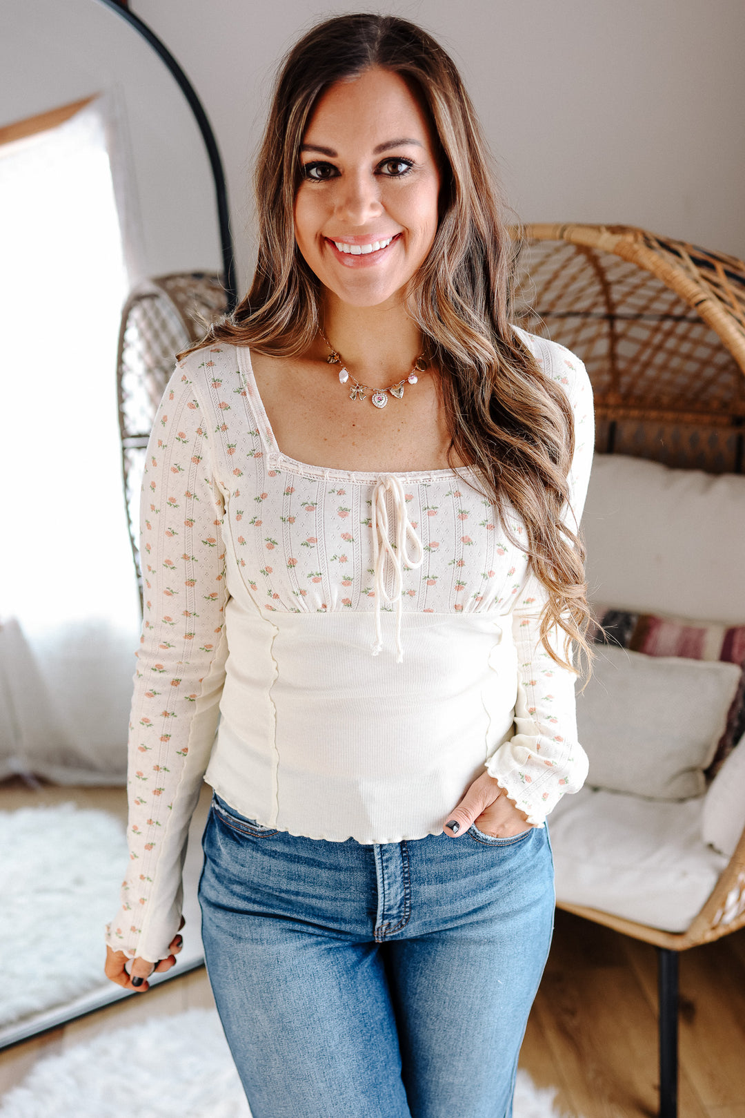 Ditsy Squared Neckline Top - Ecru