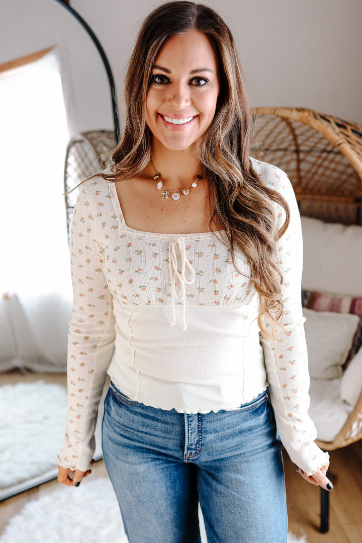 Ditsy Squared Neckline Top - Ecru