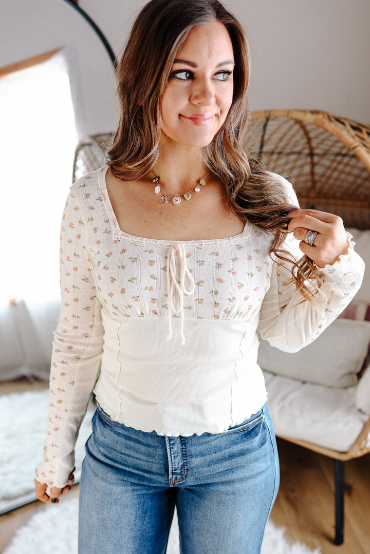Ditsy Squared Neckline Top - Ecru