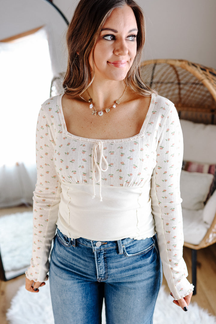 Ditsy Squared Neckline Top - Ecru