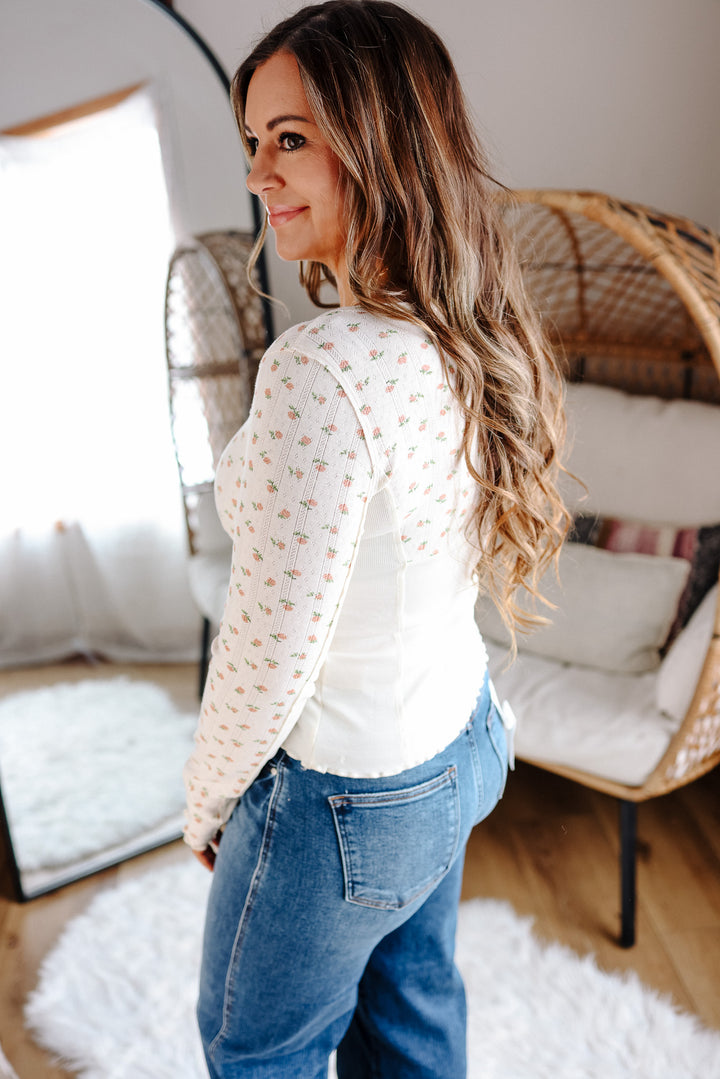 Ditsy Squared Neckline Top - Ecru