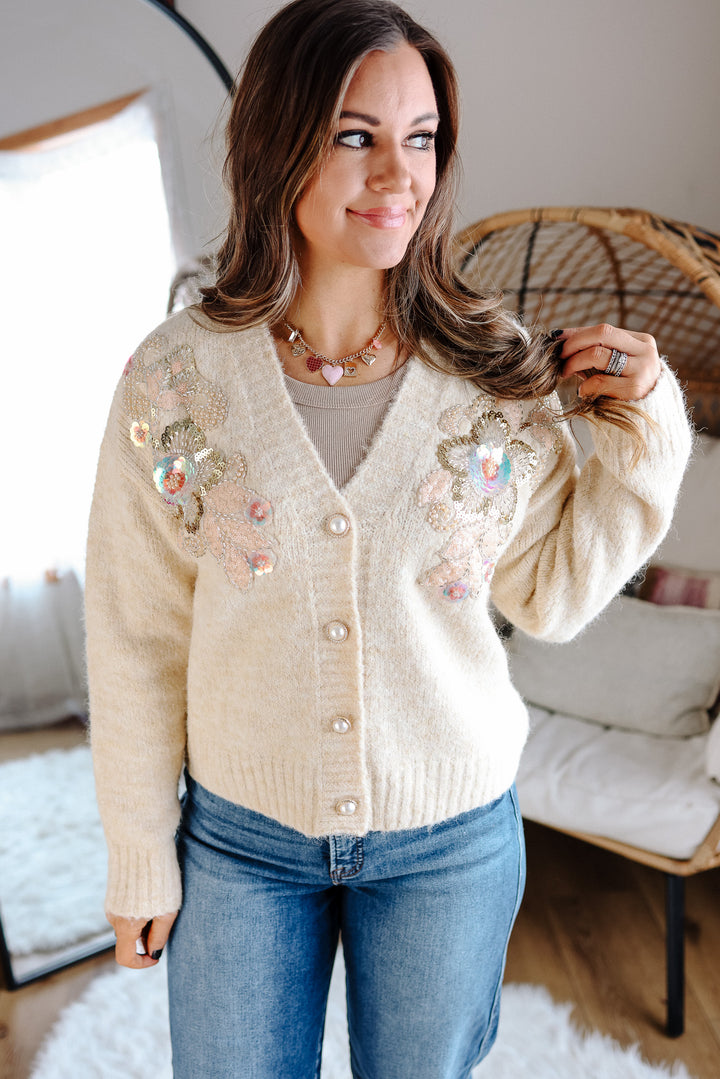 Sequin Beaded Floral Cardigan