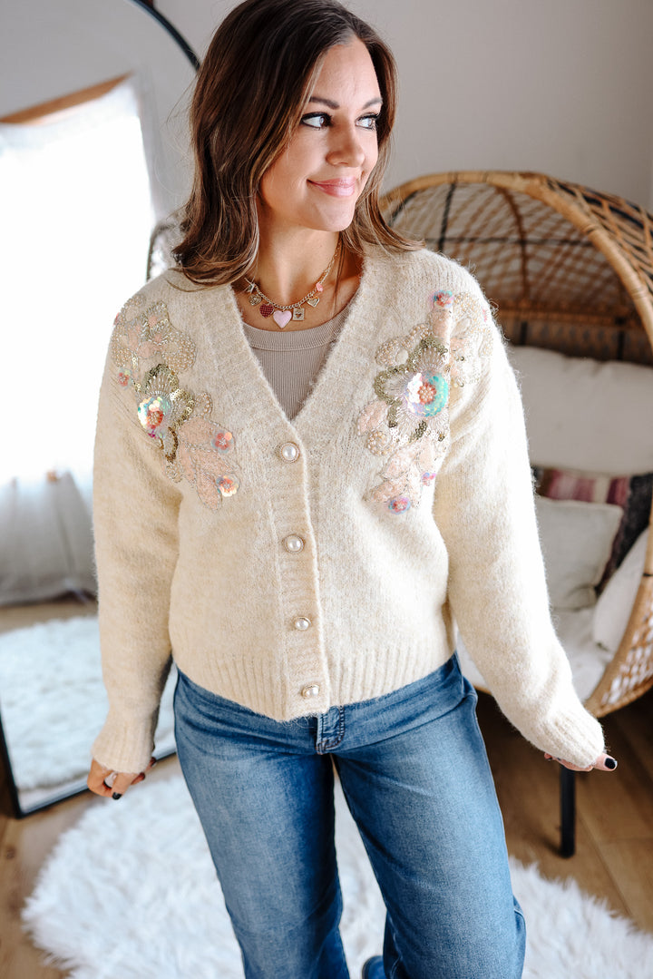 Sequin Beaded Floral Cardigan
