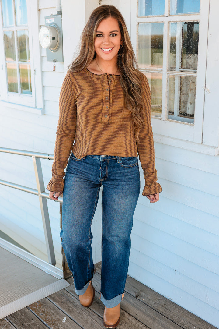Tinsley Lace Edge Striped Henley - Olive/Brown