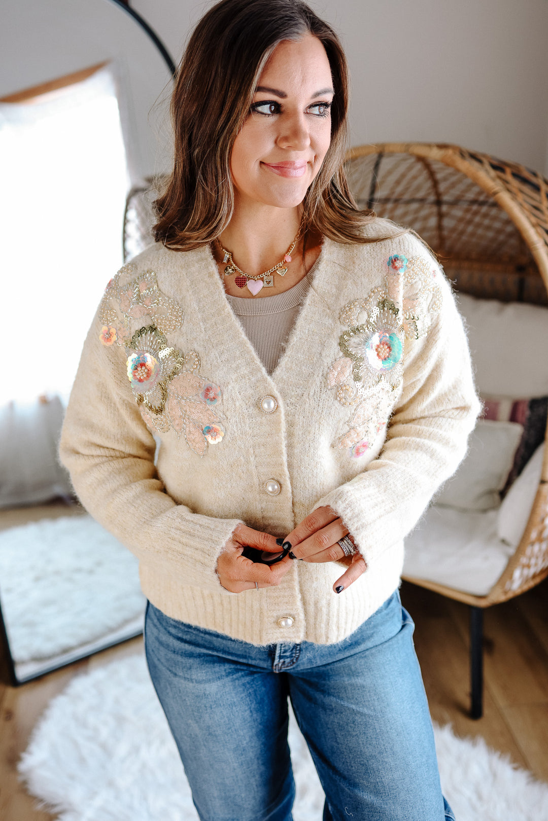 Sequin Beaded Floral Cardigan