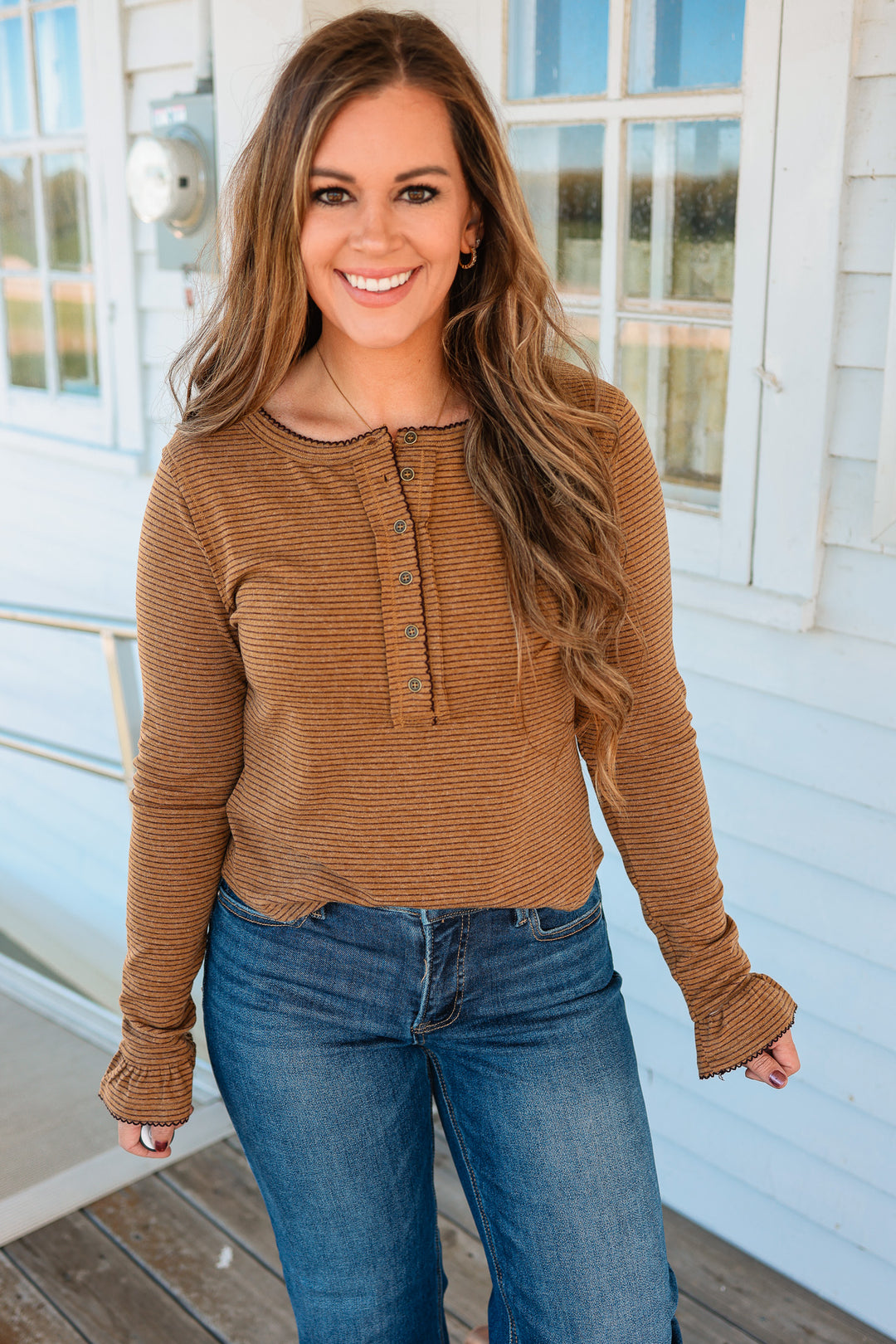 Tinsley Lace Edge Striped Henley - Olive/Brown