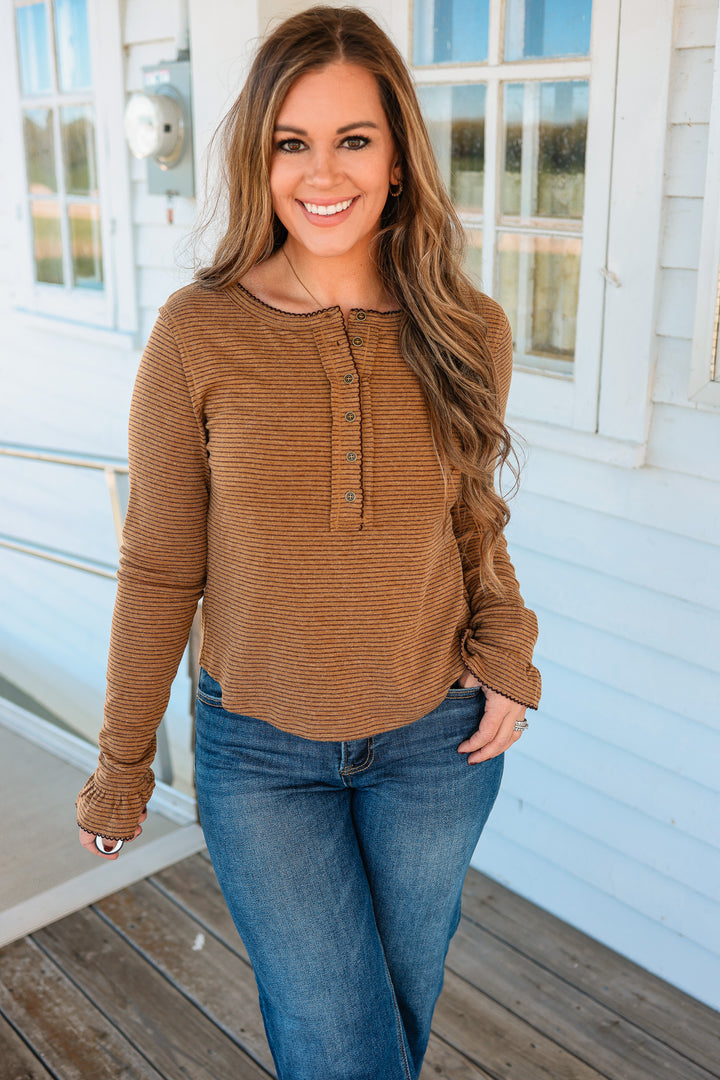Tinsley Lace Edge Striped Henley - Olive/Brown