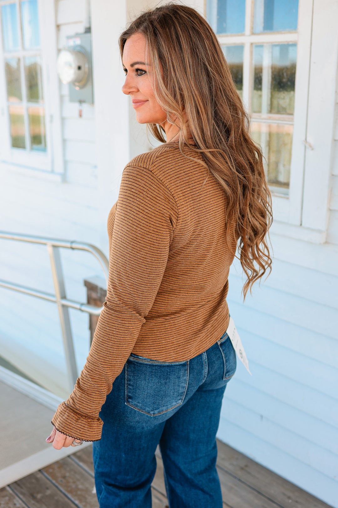 Tinsley Lace Edge Striped Henley - Olive/Brown