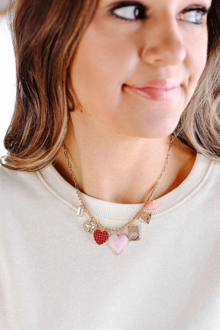 Hearts Checker Rhinestone Charm Necklace