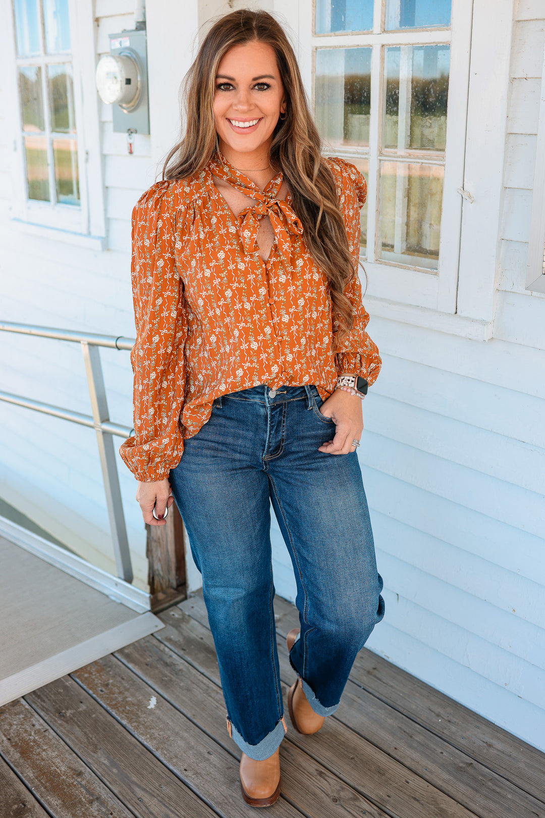 Lennie Bow Tie Balloon Sleeve Blouse