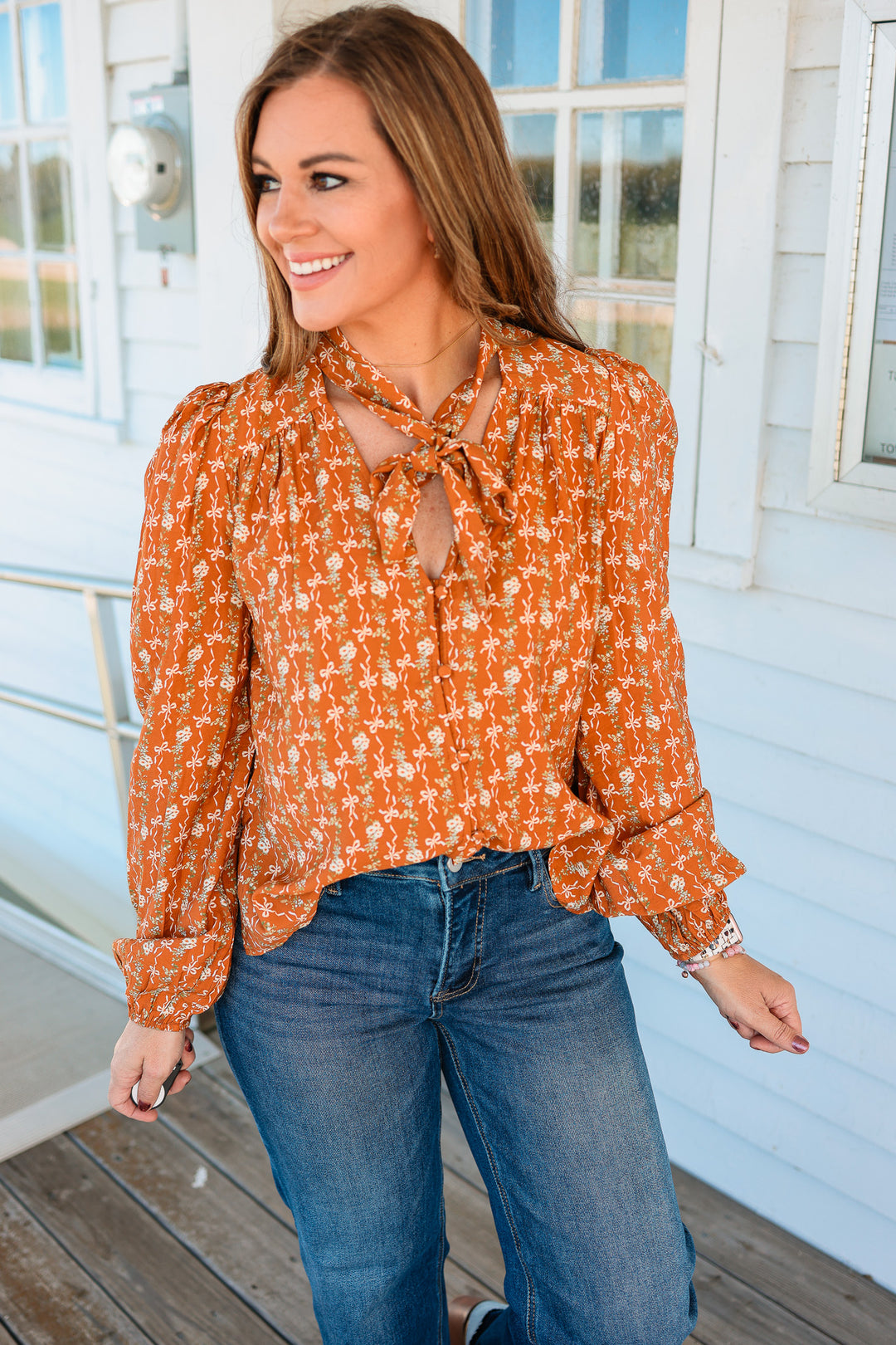 Lennie Bow Tie Balloon Sleeve Blouse