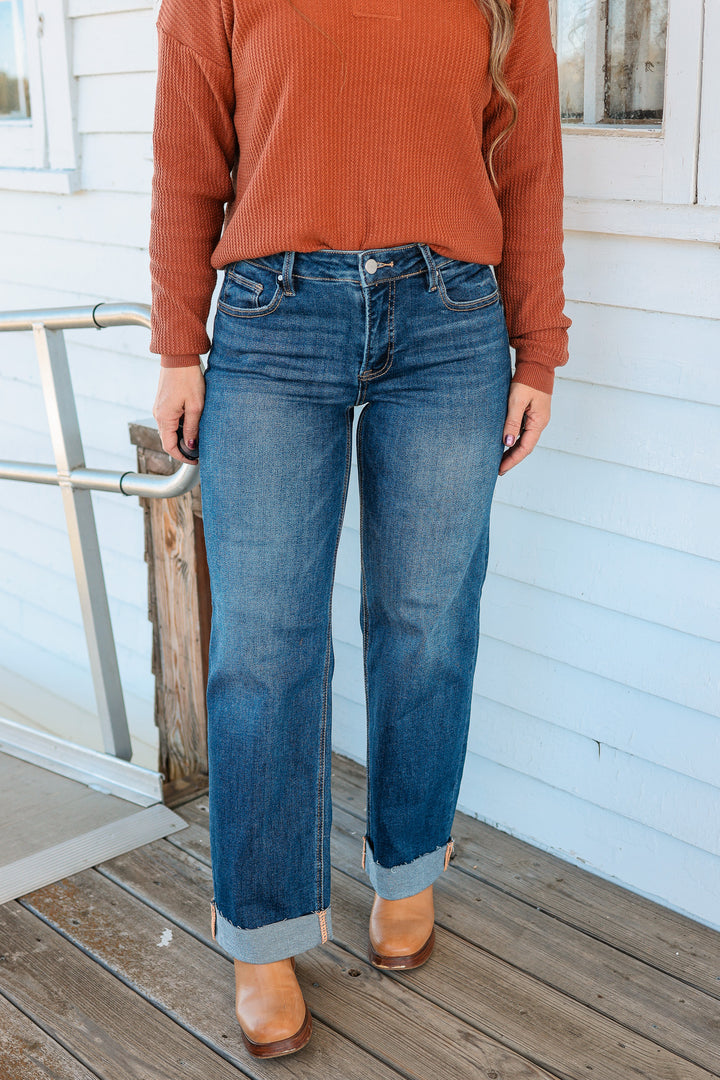 RISEN: Peyton Mid Rise Straight Cuffed Jeans