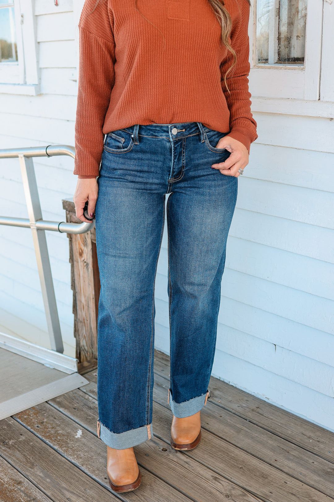 RISEN: Peyton Mid Rise Straight Cuffed Jeans