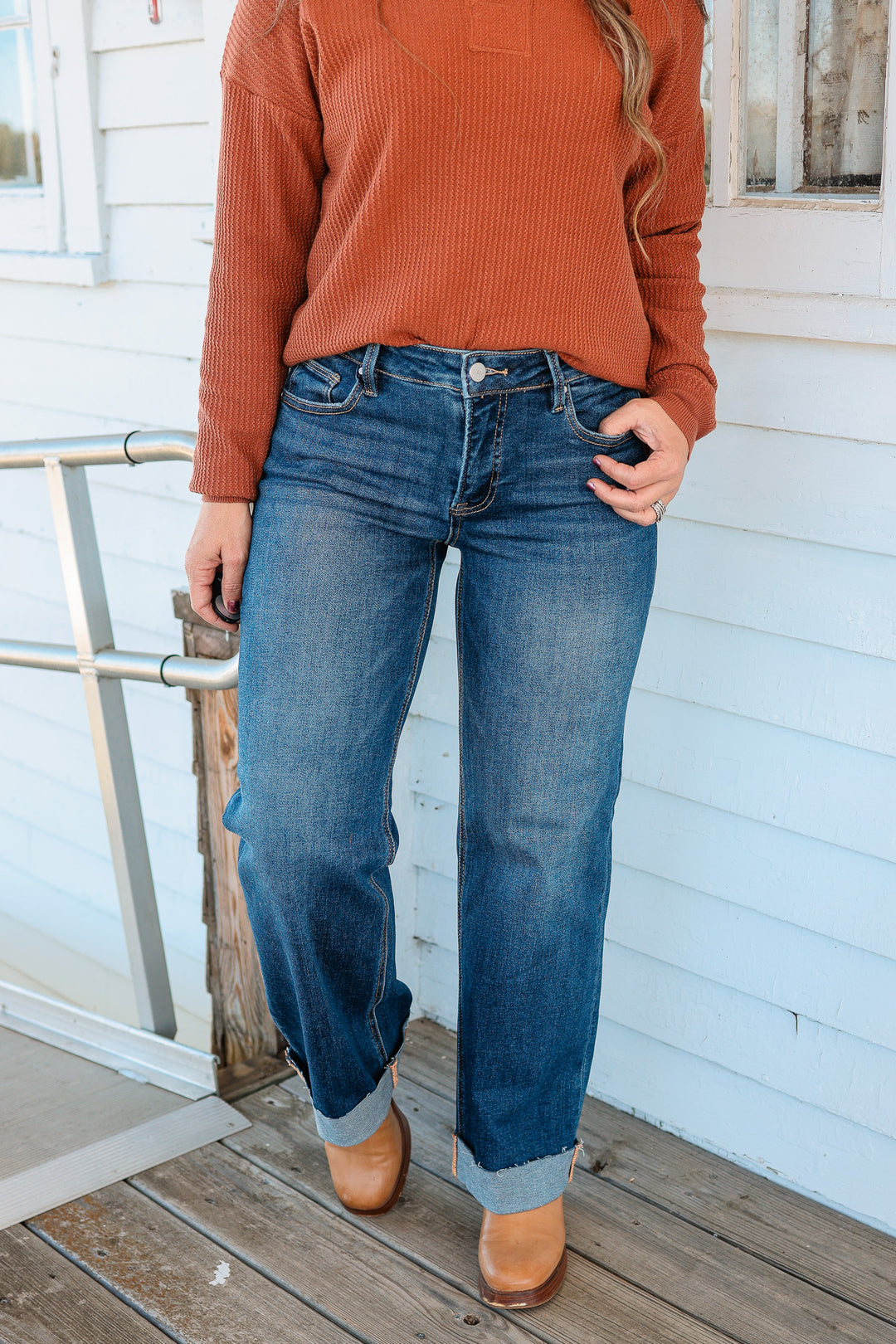 RISEN: Peyton Mid Rise Straight Cuffed Jeans
