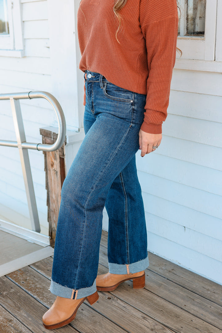 RISEN: Peyton Mid Rise Straight Cuffed Jeans